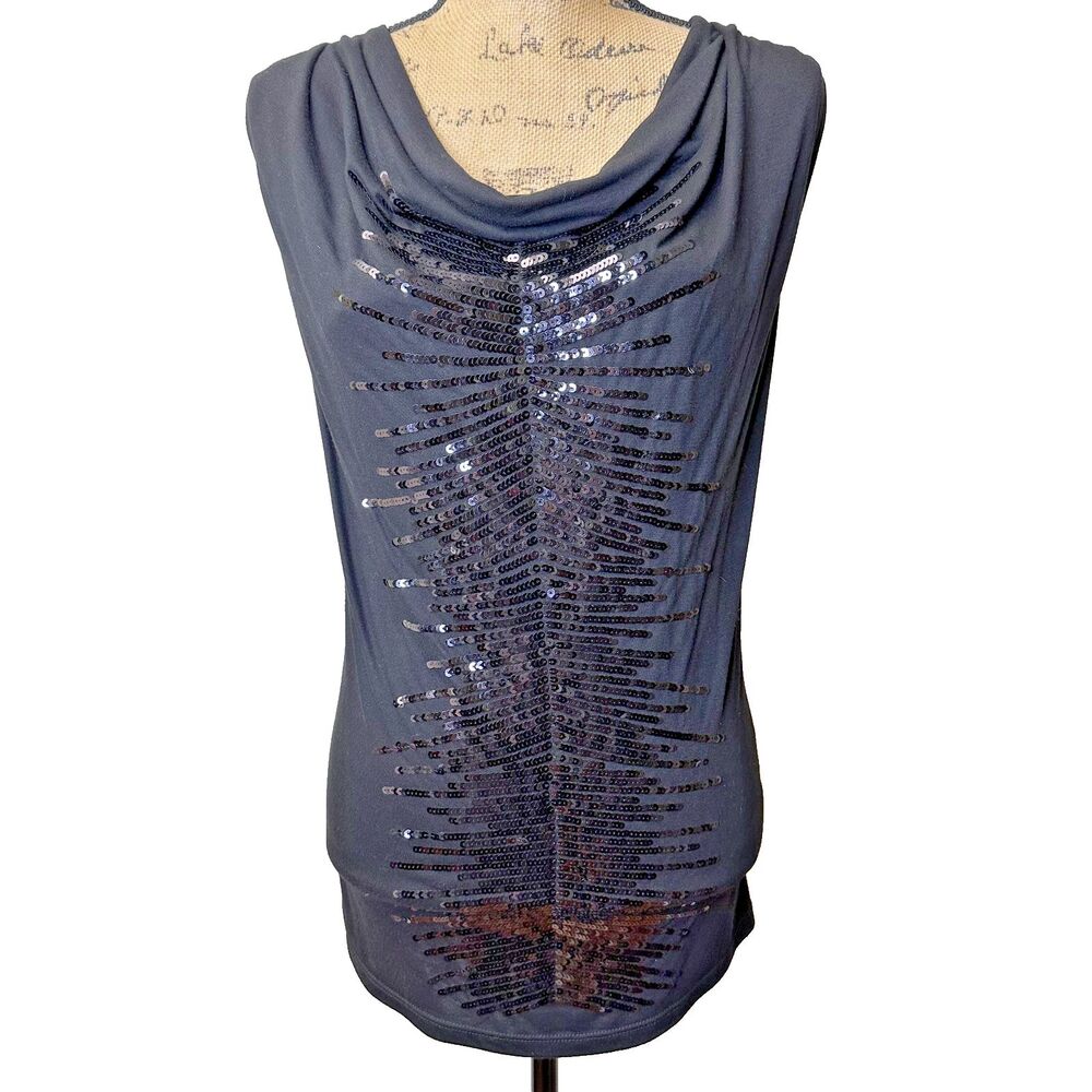 Leo Guy Black Cowl Neck Sleeveless Sequined Draped Back Party Top Blouse Sz 6/8